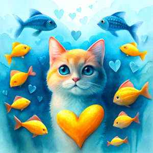 CAT UNDER WATER WITH FISH