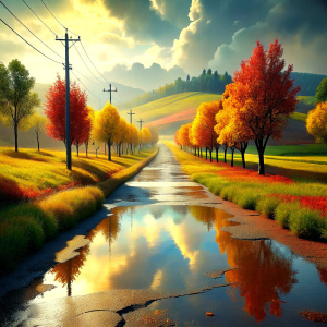 Octane Render, rural country road, rain, puddles, mud, bright colors