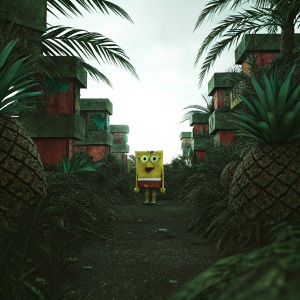 SpongeBob SquarePants wandering through the bustling, vibrant streets of Bikini Bottom. The cityscape is made of bright, blocky structures.