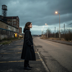 Raffey Cassidy standing alone on an empty street, wearing a black coat. Dark sky and sparse urban setting.
