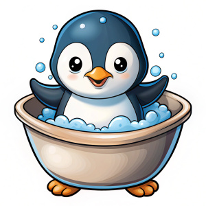 Cute penguin is taking a bath. Full body image, sticker, white background. Black outlines, vector