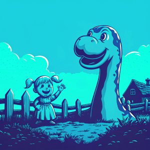 Cartoony scene: A joyful little girl with blonde pigtails stands beside a giant, friendly-looking dinosaur creature in a whimsical park setting. She waves enthusiastically. The background features a charming wooden fence and quaint buildings.