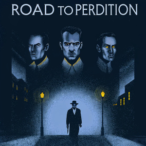 Epic poster for 'Road to Perdition'. Dark and gritty. Tom Hanks, Paul Newman, and Jude Law in intense poses. Noir style, with a vintage feel.