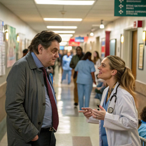 Oliver Platt and Rachel DiPillo in a lively discussion in the bustling Chicago Med hospital corridor.