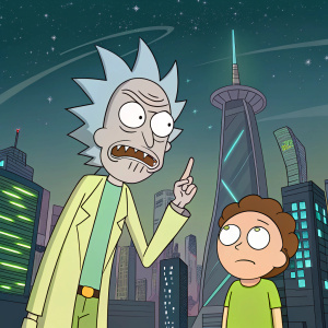 Rick Sanchez, with his iconic sharp teeth and green outfit, is making a hand gesture. Morty, with a frown and youthful appearance, stands beside him. They are in a futuristic cityscape.