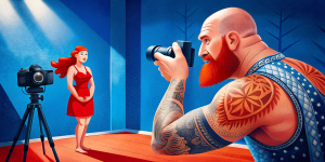 лысый Фотограф с красной бородой, татуировкой на всю руку в стиле маори. Он снимает  девушку модель в фотостудии