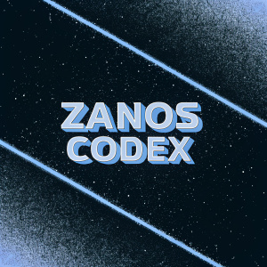 A sleek, modern logo with the name 'Zanos Codex' in bold, geometric font. Bright neon colors, minimalist design.