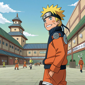 Naruto, smiling brightly, stands in a bustling ninja academy courtyard. Wearing his iconic orange outfit, he looks ready for adventure.