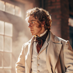 Michael Faraday, the famous 19th-century scientist, standing pensively. Curly hair, distinguished attire. Dark, shadowy backdrop.