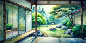 Japanese backyard garden with rocks and trees seen through a sliding door of a modern Japanese house.