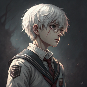 A detailed illustration of Kaneki Ken from Tokyo Ghoul. Dark background, digital art