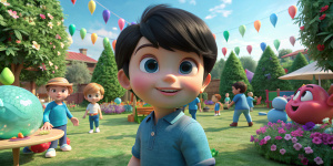 Un niño pequeño, ojos verdes, pelo negro, camiseta celestes. jugando en el Jardín de infantes junto a otros niños. Disney Pixar 3D