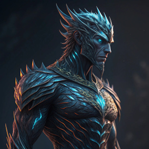 Digital art rendering of Bolvar Fordragon. Futuristic redesign with Lich King elements. Dark and luminous colors blend seamlessly. Muscular body with intricate skin texture and unique patterns. Multiple angles presented against a dark background.