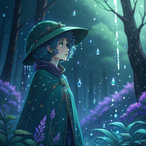 Schierke from Berserk, standing in a mystical forest. Water droplets surround her, casting vibrant blue and green hues. Purple flora in the background. Digital illustration