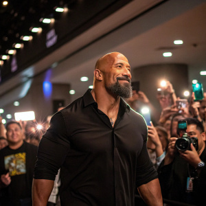 Dwayne Johnson at a T-Mobile event. Wearing a black shirt, big build, full beard. Confident pose. Crowded background with flashing cameras