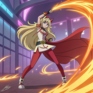 Nia Teppelin, from Gurren Lagann, in a dynamic pose. Bright neon background with swirling flame-like effects