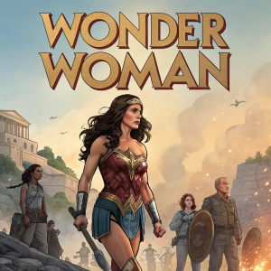 Cover art for a Wonder Woman comic. Large text headline at top. Multiple characters illustrated below, including Wonder Woman and diverse supporting cast.