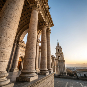 Photograph of Basilica Cathedral of Arequipa. Peruvian landmark, close-up of columns. Stone work, clear sky, low angle shot.
