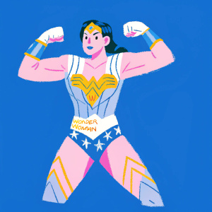 A vivid black and white sketch of a superhero. Wonder Woman, dynamic pose, muscular body, 'W' symbol, artist's signature, bold lines, form, strength, determination.