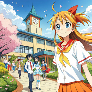 A vibrant illustration from Nisekoi manga. The scene features main character and her classmates in an animated school setting. Distinctive character designs with expressive faces, colorful and detailed backgrounds.
