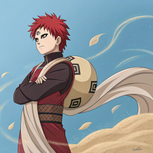 Gaara from Naruto, red hair, determined look. Anime style, blue background