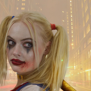 Harley Quinn, with blonde hair in pigtails, vibrant blue and red lipstick, bruises on face. Poses dramatically against a neon cityscape.