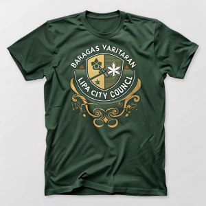 Custom t-shirt design featuring Batangas Varsitarian Lipa City Council logo. Green shirt with emblematic text and unique emblem.