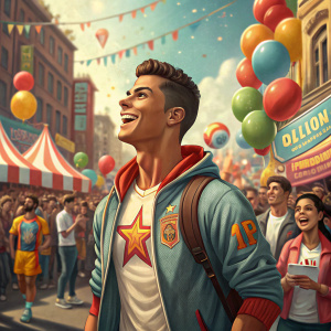 Cristiano Ronaldo at a busy street carnival, wearing casual attire. Crowds cheering, colorful balloons and banners in the background.