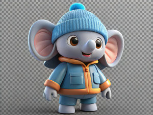 cute 3d character elephant wearing a winter jacket clothes transparent background png, winter bot png
