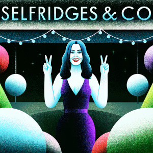 Katy Perry at a promotional event. Wearing a deep purple velvet dress. Making a peace sign. Selfridges & Co logo in background. Blue and pink decorations around.