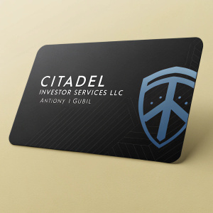 Business card for Citadel Investor Services LLC. The card features a sleek black background with a modern logo in blue. The font is professional and minimalist. On the yellow side, it includes company name and Anthony J Gubil's name with a focus on security and professionalism.