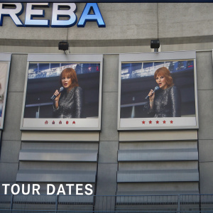 Homepage of Reba's official website. Vibrant colors, tour dates highlighted. Photos of Reba performing. Venues and dates listed. Fans can easily find tour information.