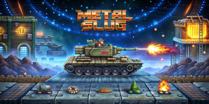 wallpaper game arcade, tanque de guerra espacial, escrito METAL SLUG, fotografia de cima para baixo zoom out, fundo pixelado, cenário de guerra