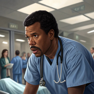 Eriq La Salle as Dr. Peter Benton in a tense ER scene. He's in his scrubs, looking intensely focused as he treats a critically ill patient. The background is a bustling hospital ward.