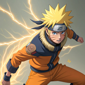 High detail digital art of Naruto character. Posing energetically with radiant aura. Vibrant colors against neutral background.