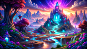 elegant heaven background, a palace of diamonds and rubies, mountains, rivers