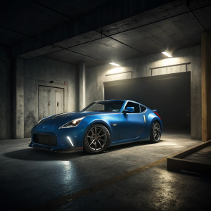 A sleek blue Nissan 370Z Varis Kamikaze parked in a dimly lit garage. No people around, spotlight highlighting the car.