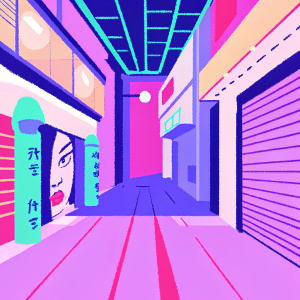 A 3D model depicting a futuristic city alley. Bright neon lights in shades of blue and purple illuminate the scene. Graffiti-covered walls and shuttered storefronts dominate the space. A sketch-style face is prominently featured on one wall.