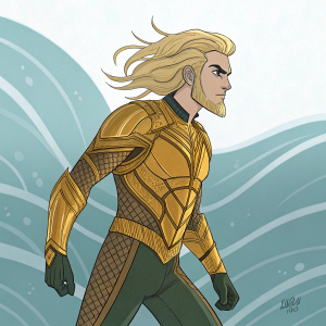 Digital illustration of a character inspired by Aquaman, blonde hair, stern face, wearing a detailed golden suit. Dynamic pose against a serene, wavy background. Signed by Marcelo Queiroz.