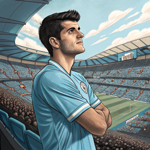 Alvaro Morata, wearing a light blue jersey, poses with arms crossed in a stadium setting.