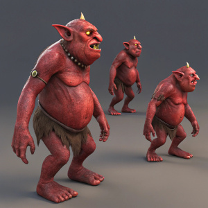 Digital artwork depicting trolls with realistic 3D style. Deep red tones. Goblin-like figures with wide bodies, short statures, and expressive faces. Various poses showcasing unique forms.