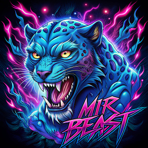 A vibrant and dynamic illustration of a blue cheetah with an angry expression and a pink thunderbolt-shaped eye. The logo is designed to appear as if it's moving forward with its tapers and ends behind the cheetah's head. The overall theme is bold and eye-catching, with the slogan "MR.BEAST" written in striking, modern font. The artwork exudes energy and strength, making it perfect for a painting, poster, or any promotional material, illustration cinematic, hyperrealistic, photorealism, high quality details
