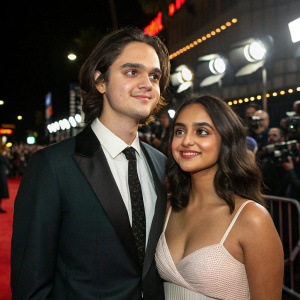 Miles Robbins and Geraldine Viswanathan at the 'Blockers' premiere. Dressed in formal attire. Glowing lights and paparazzi in background.