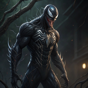 Digital illustration of Venom from Marvel Comics. Full body pose, fierce expression, dark environment.
