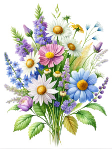 bouquet of wildflowers, daisies, bluebells, lupines