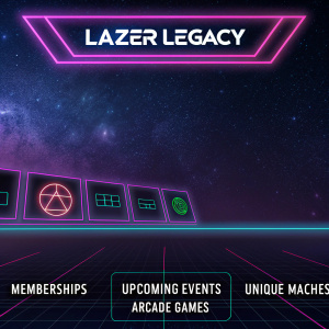 Futuristic event page for Lazer Legacy. Dark space-themed background, neon logo, and detailed sections for memberships, events, unique matches, and arcade games. Website URL prominently displayed.