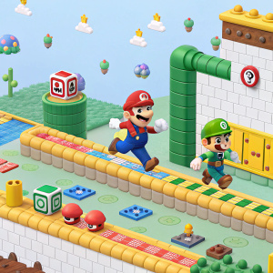 Screenshot of Super Mario Maker 2. Featuring Mario and Luigi navigating through a colorful course. Littered with power-ups and obstacles.