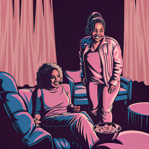 Rozonda 'Chilli' Thomas and Tionne 'T-Boz' Watkins in a cozy backstage area. Dimly lit with soft ambient lighting.