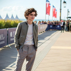 Timothee Chalamet, in a casual, yet stylish outfit, standing outdoors during a sunny day at a film festival. Bright, natural lighting highlights his youthful face and curly hair.
