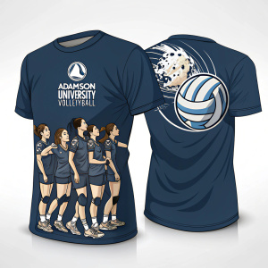 The Adamson University Volleyball team, dressed in matching dark blue t-shirts featuring volleyball designs. The logo of Adamson University Volleyball is on the front of the left shirt, and a motivational phrase about teamwork is on the back of the right shirt.